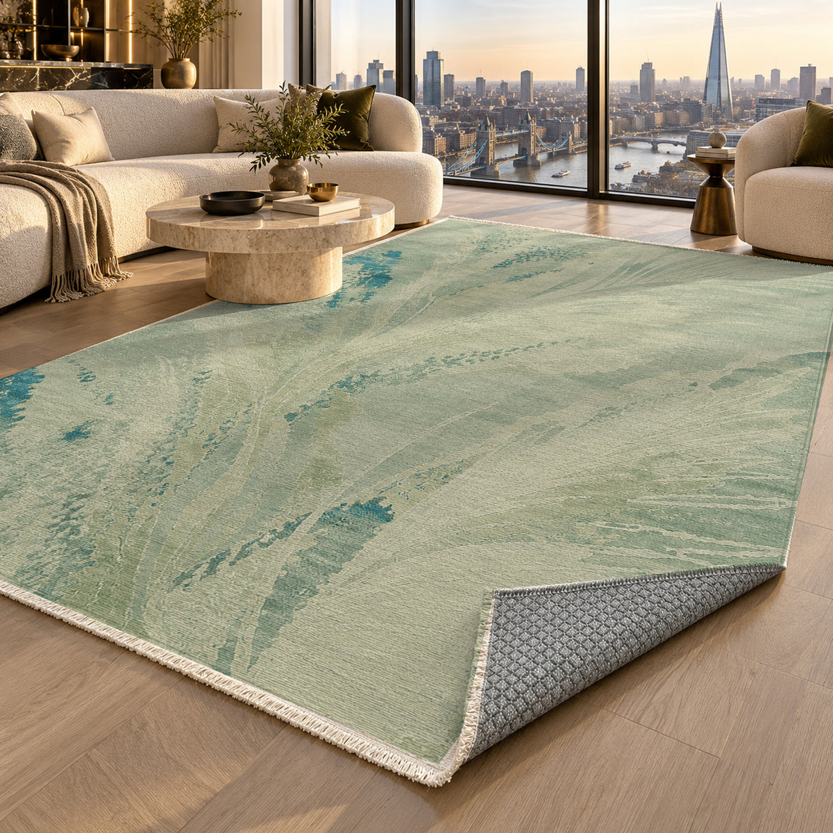 Plume Aqua Abstract Washable Rug — london luxury living