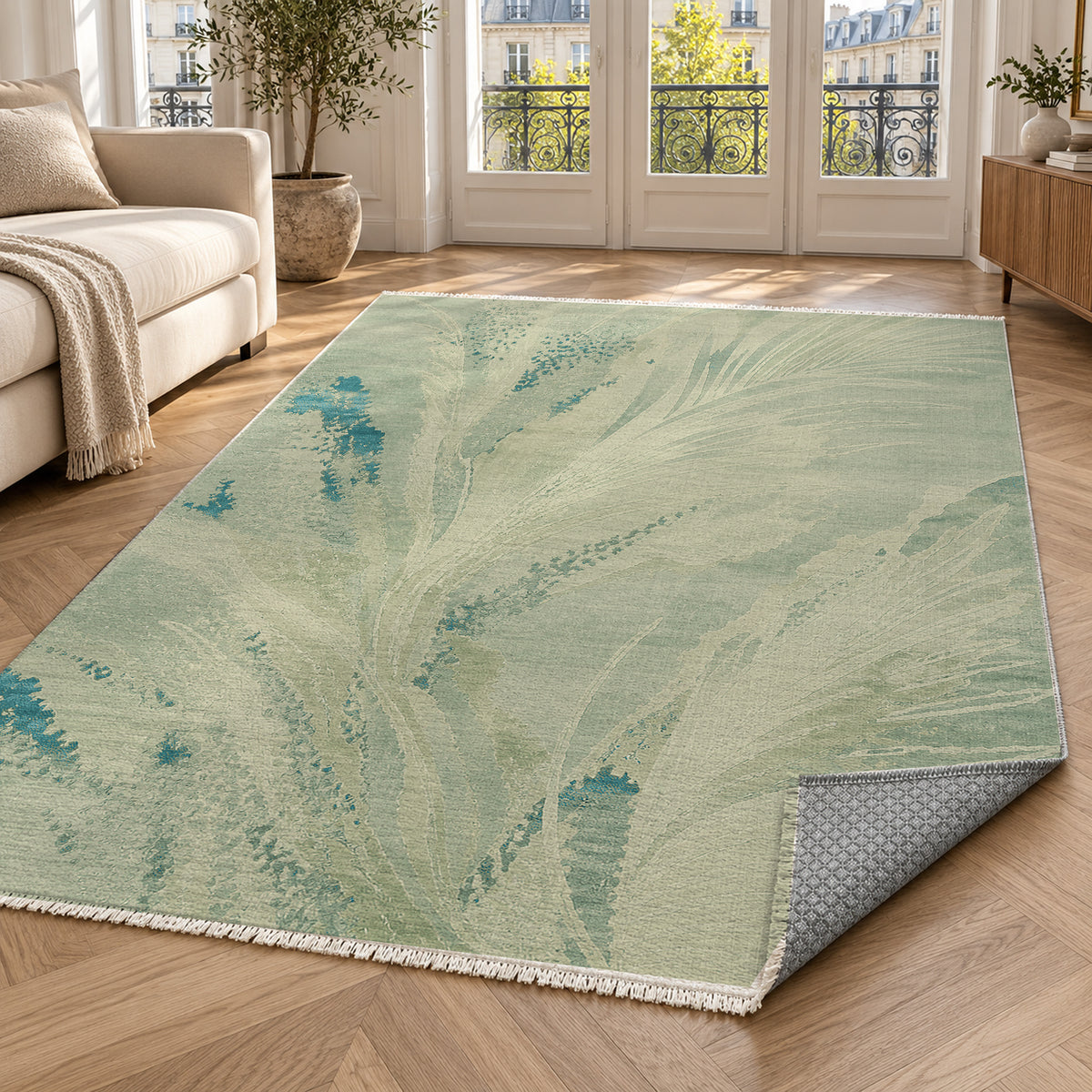 Plume Aqua Abstract Washable Rug — paris living