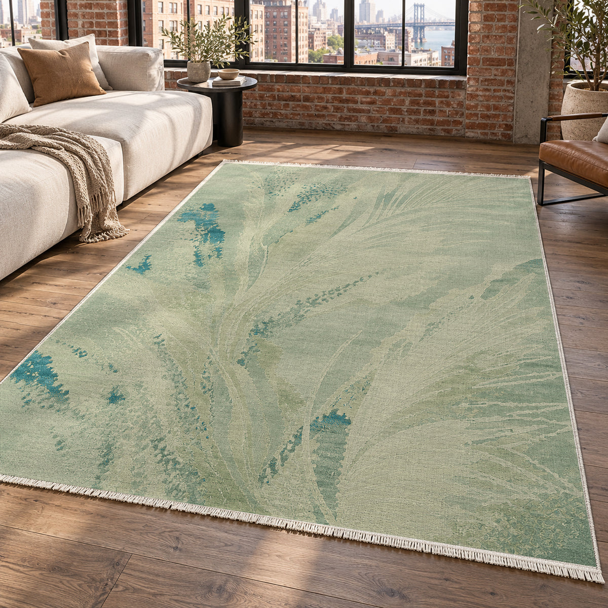 Plume Aqua Abstract Washable Rug — new york living
