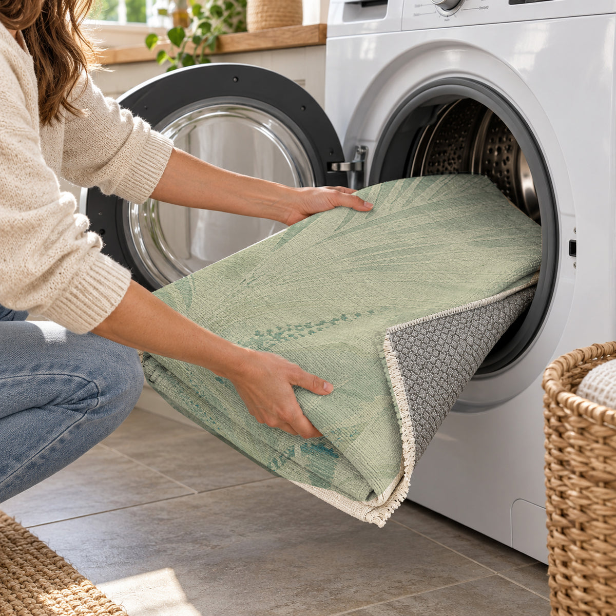 Plume Aqua Abstract Washable Rug — washing machine
