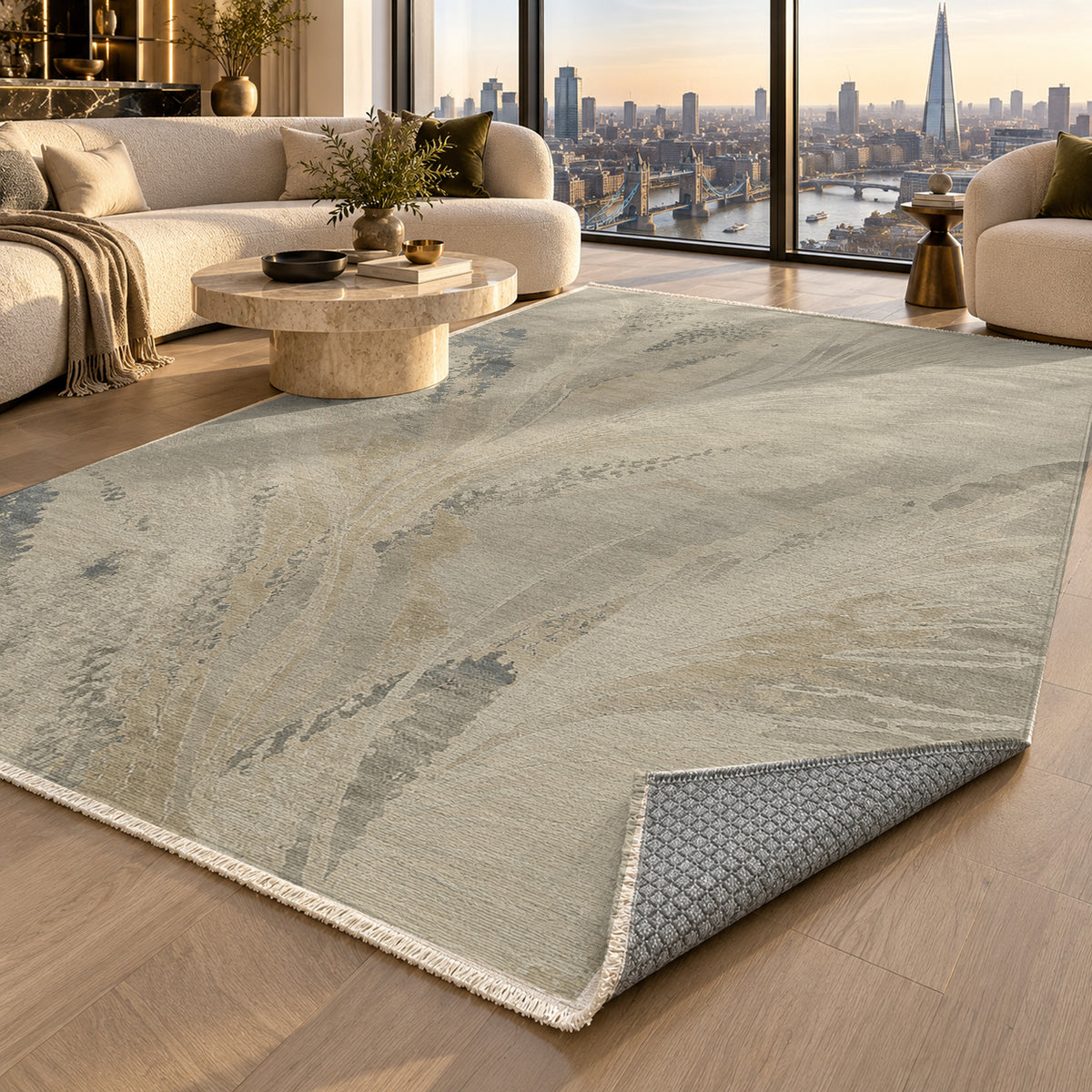 Plume Stone Abstract Washable Rug — london luxury living