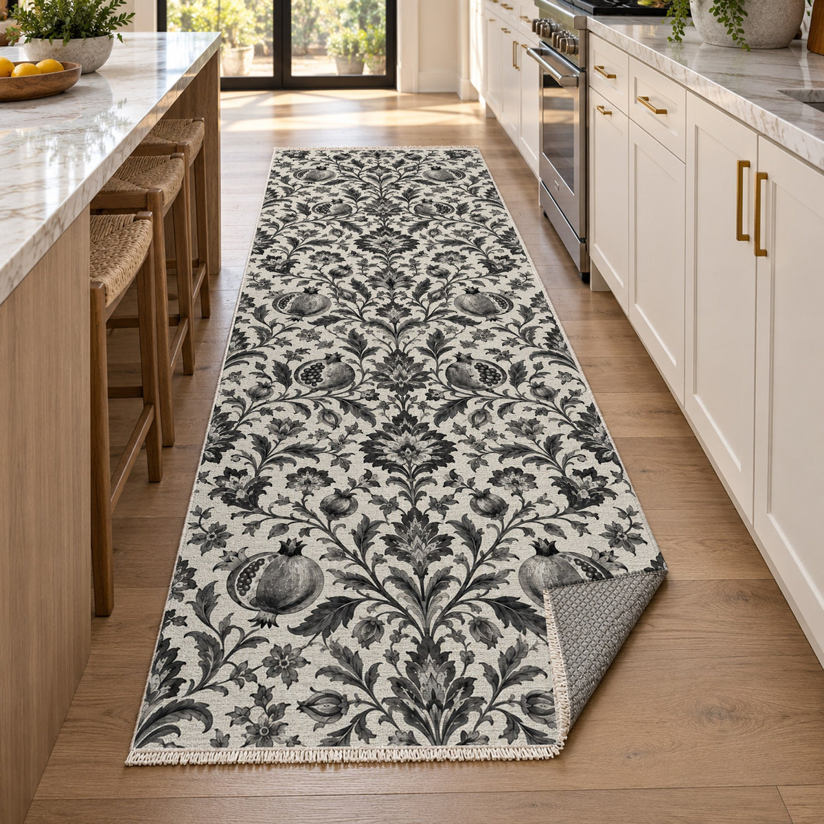Pomegranate Garden Charcoal Ethnic Washable Rug — new york kitchen runner