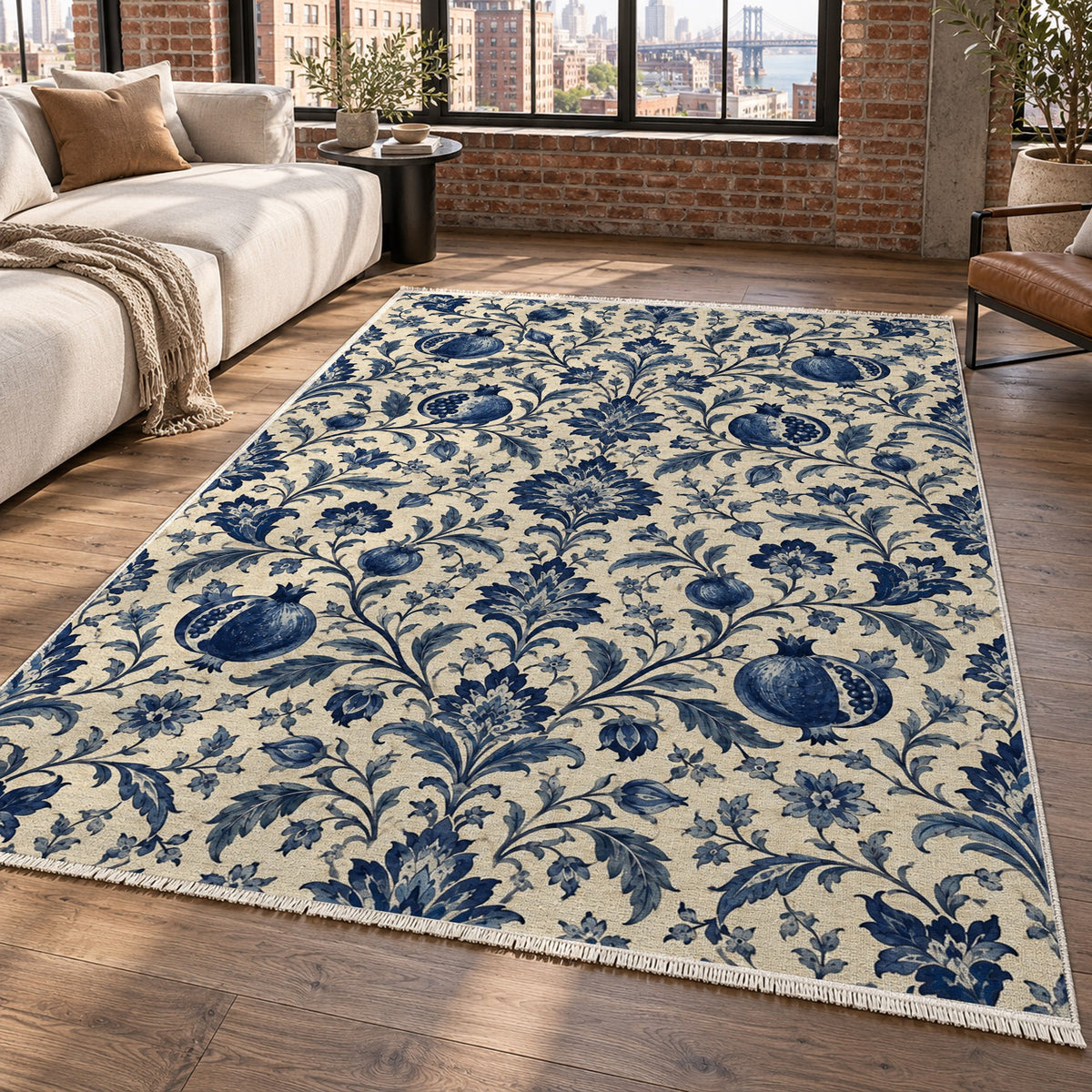 Pomegranate Garden Indigo Ethnic Washable Rug — new york living