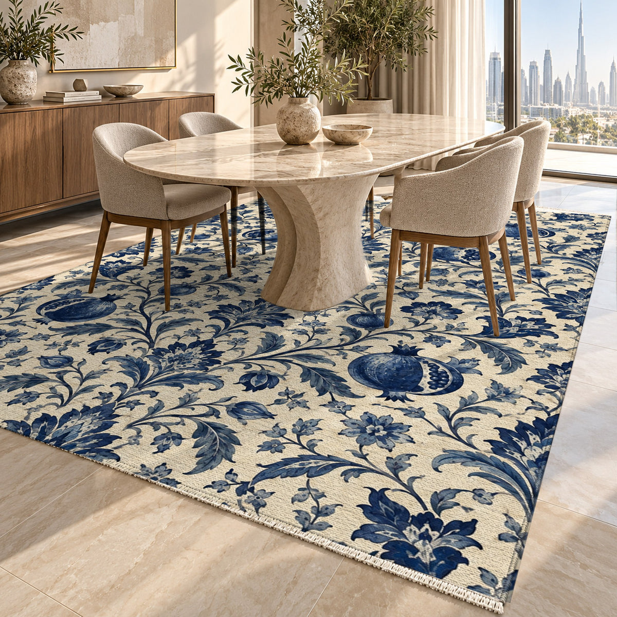 Pomegranate Garden Indigo Ethnic Washable Rug — dubai dining