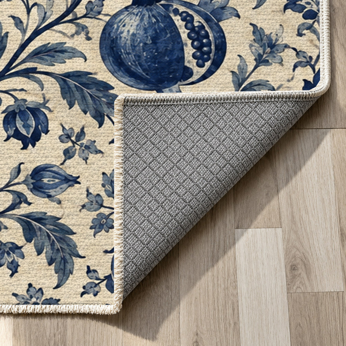 Pomegranate Garden Indigo Ethnic Washable Rug — backing close up