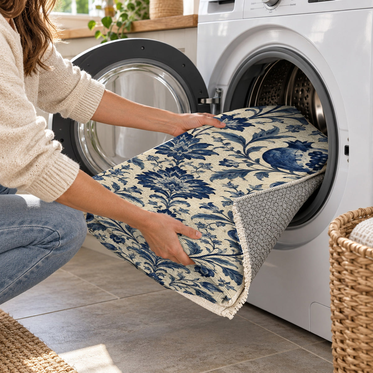 Pomegranate Garden Indigo Ethnic Washable Rug — washing machine