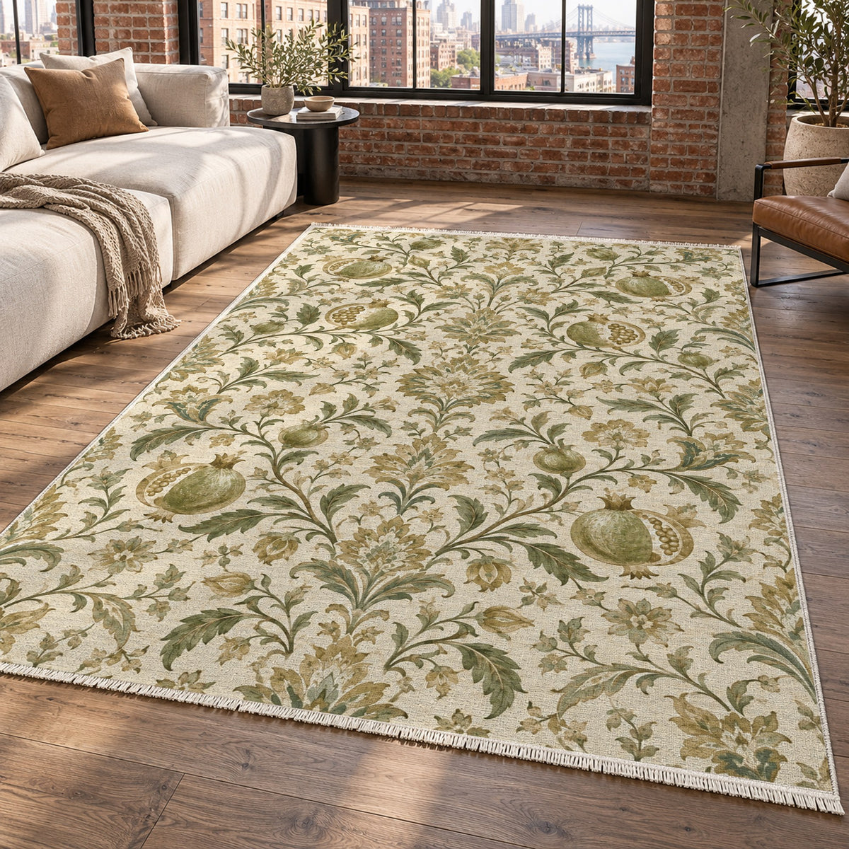 Pomegranate Garden Sage Ethnic Washable Rug — new york living