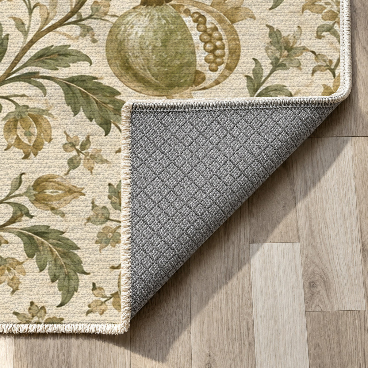 Pomegranate Garden Sage Ethnic Washable Rug — backing close up