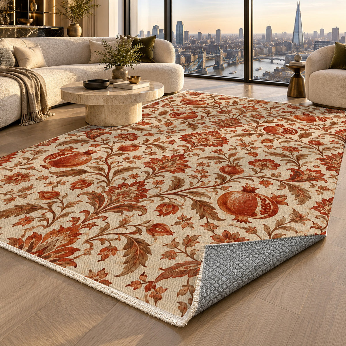 Pomegranate Garden Terracotta Ethnic Washable Rug — london luxury living