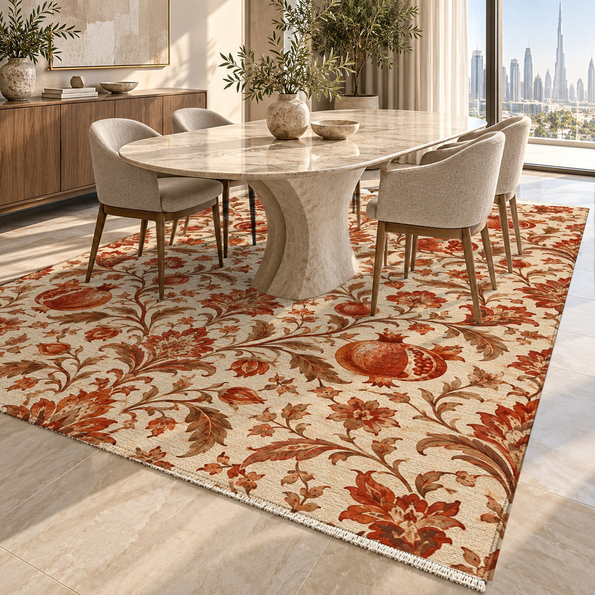 Pomegranate Garden Terracotta Ethnic Washable Rug — dubai dining