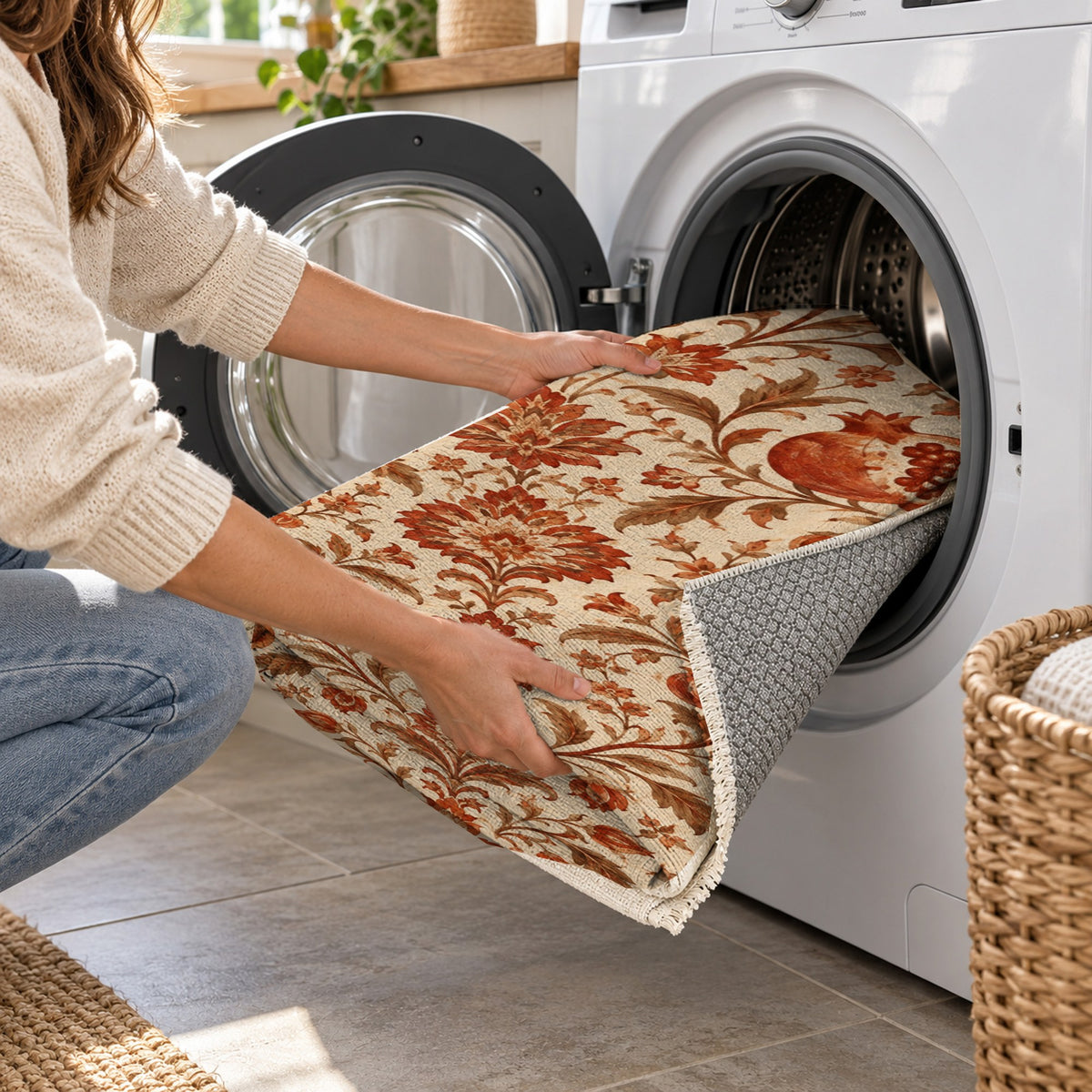 Pomegranate Garden Terracotta Ethnic Washable Rug — washing machine