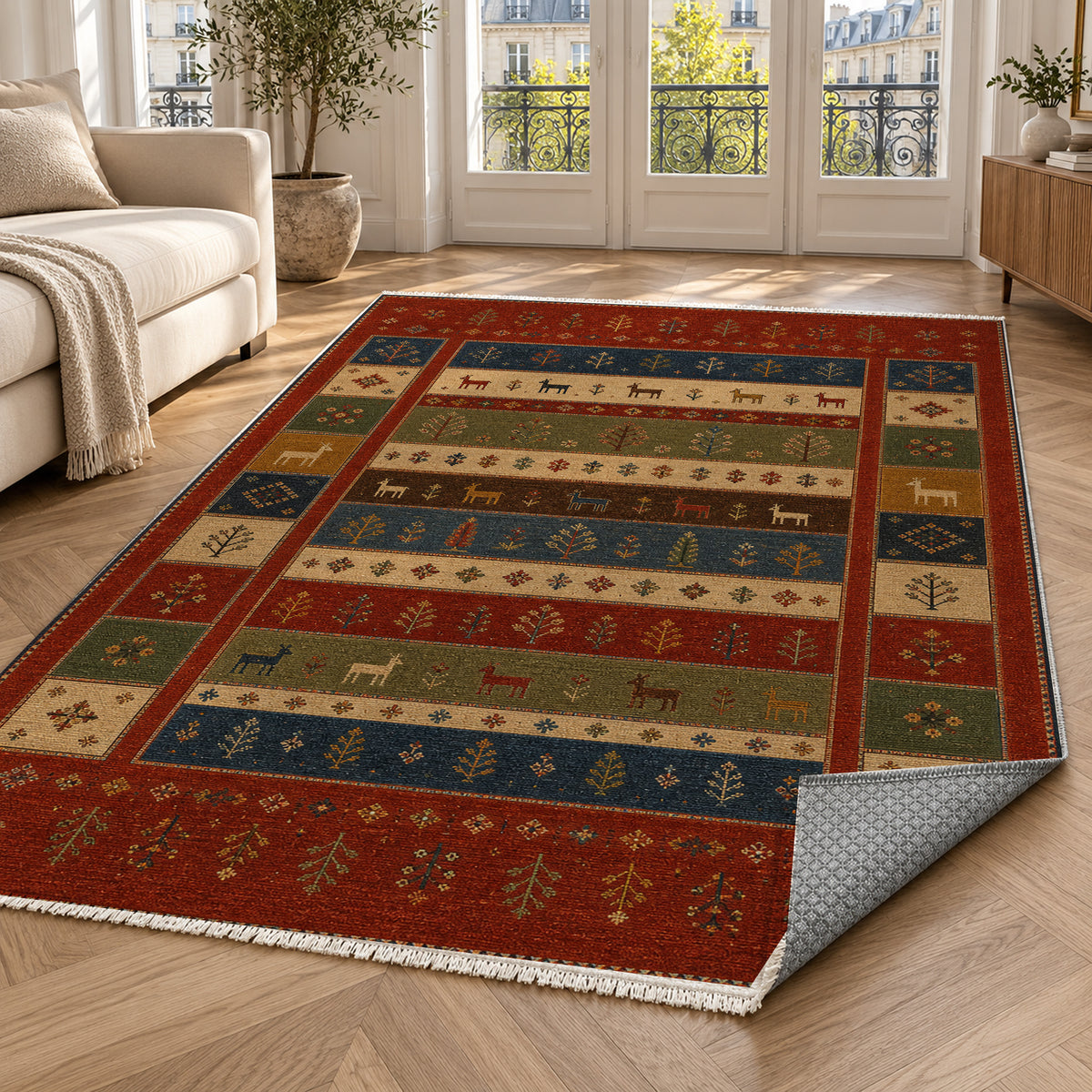 Qashqai Crimson Ethnic Washable Rug — paris living