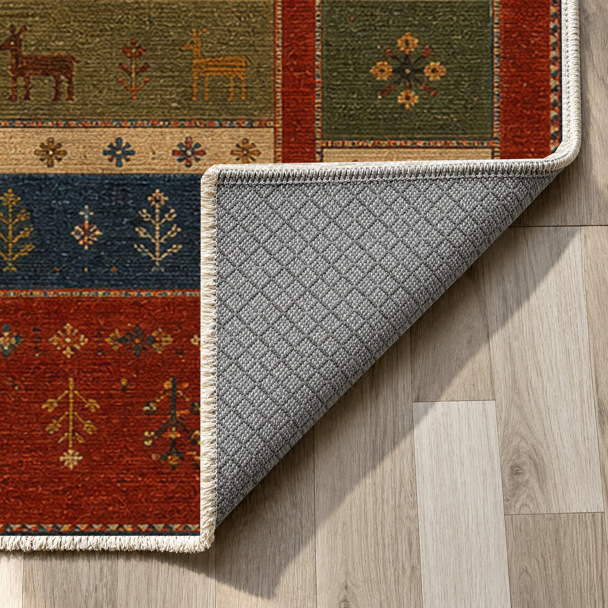 Qashqai Crimson Ethnic Washable Rug — backing close up