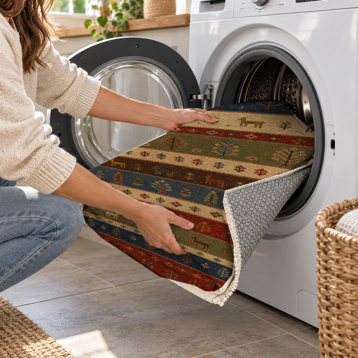 Qashqai Crimson Ethnic Washable Rug — washing machine