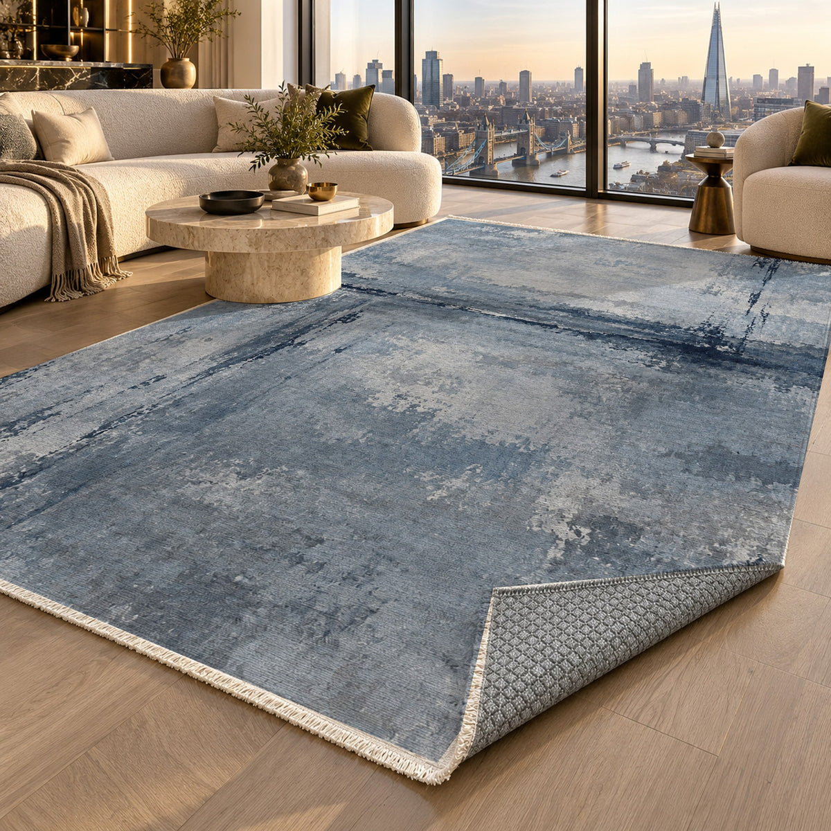 Quiet Horizon Blue Grey Abstract Washable Rug — london luxury living