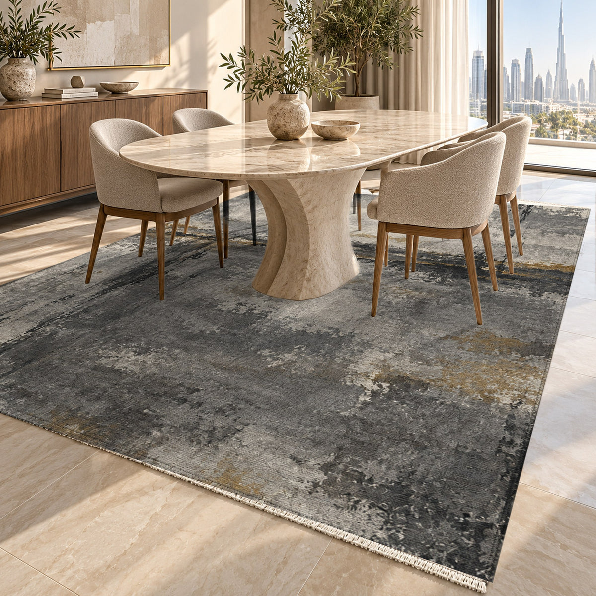 Quiet Horizon Charcoal Gold Abstract Washable Rug — dubai dining