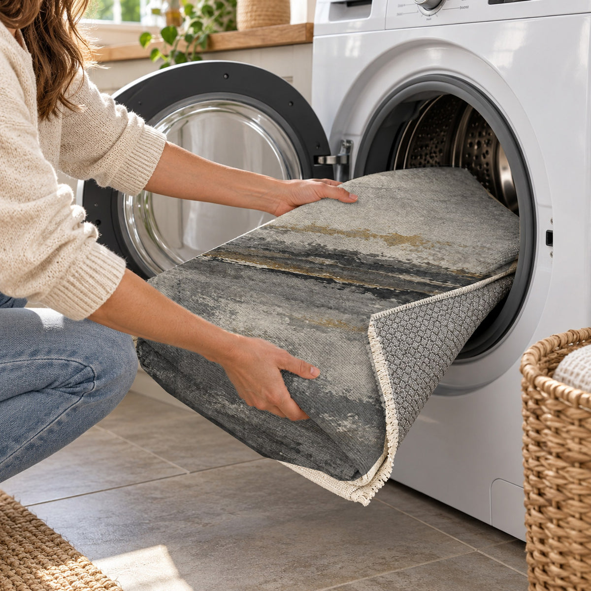 Quiet Horizon Charcoal Gold Abstract Washable Rug — washing machine