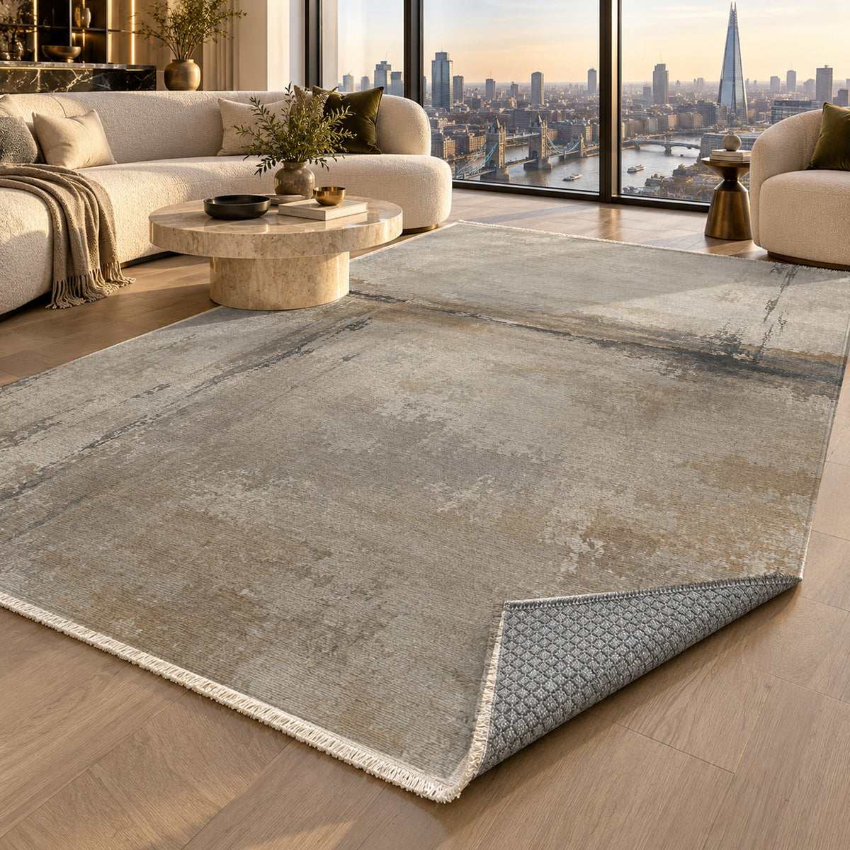 Quiet Horizon Ivory Taupe Abstract Washable Rug — london luxury living