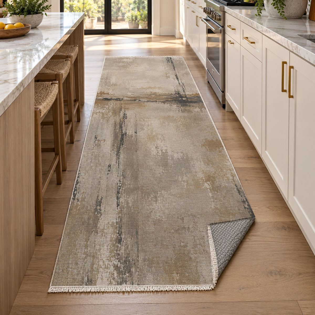 Quiet Horizon Ivory Taupe Abstract Washable Rug — new york kitchen runner