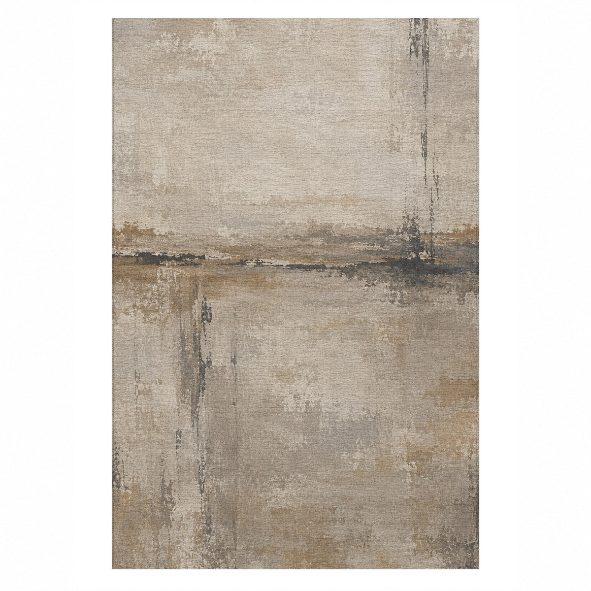Quiet Horizon Ivory Taupe Abstract Washable Rug — top view