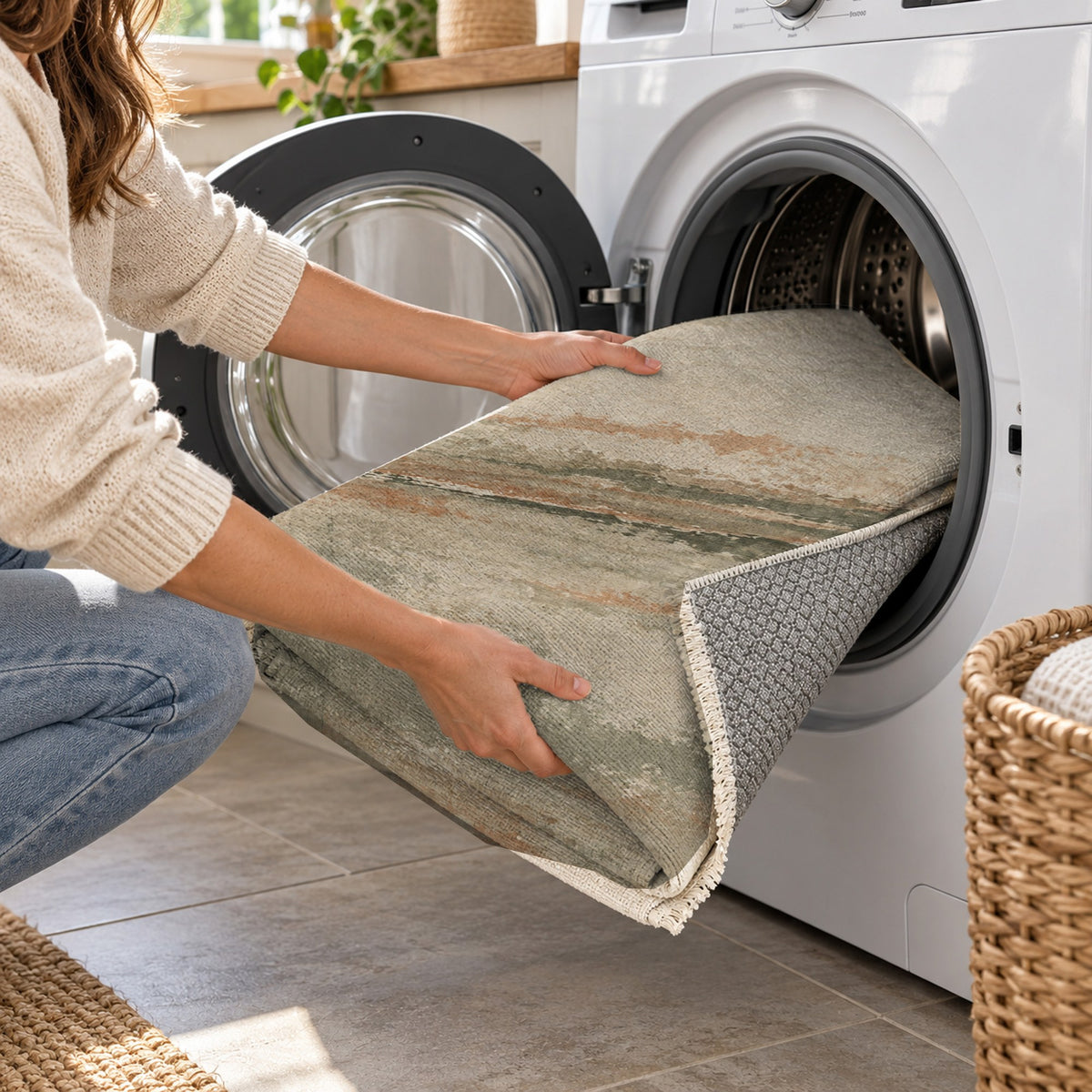 Quiet Horizon Sage Clay Abstract Washable Rug — washing machine