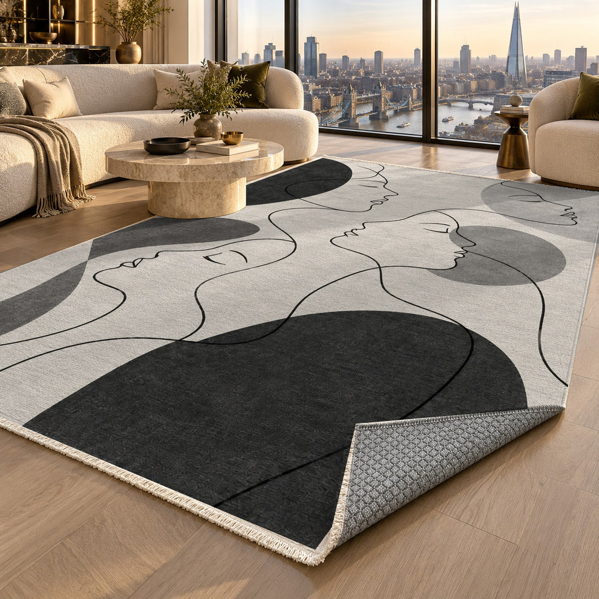 Quiet Profiles Charcoal Abstract Washable Rug — london luxury living