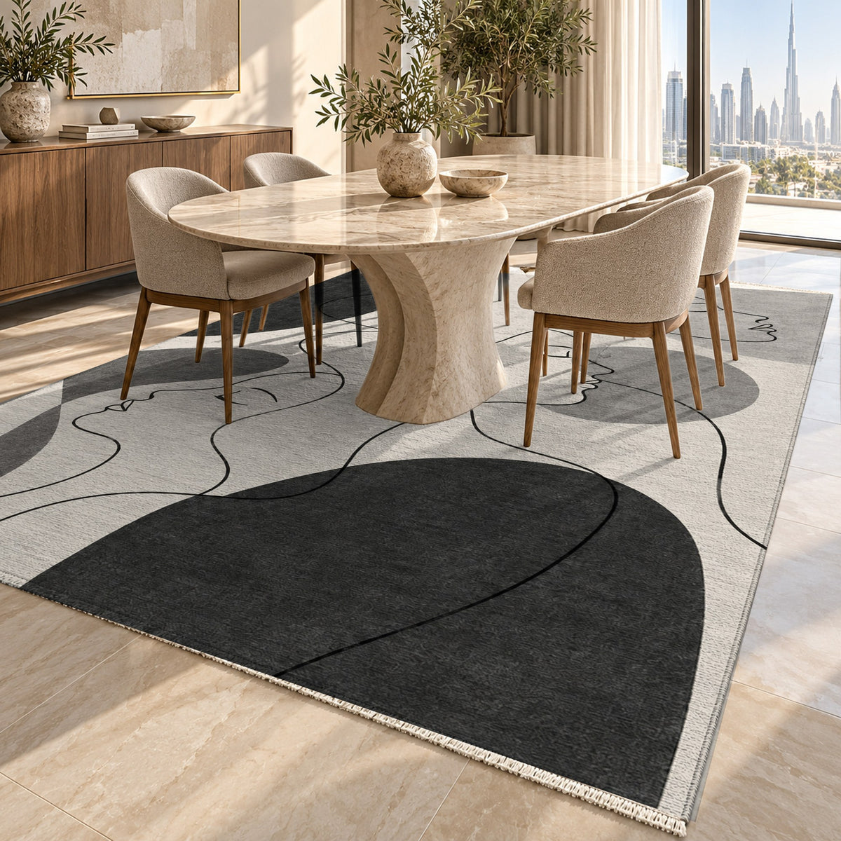 Quiet Profiles Charcoal Abstract Washable Rug — dubai dining