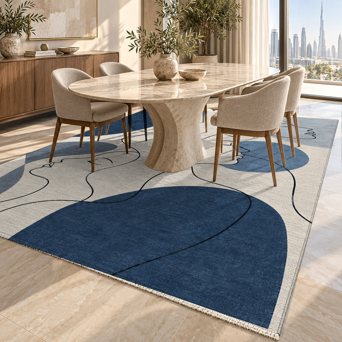 Quiet Profiles Indigo Abstract Washable Rug — dubai dining