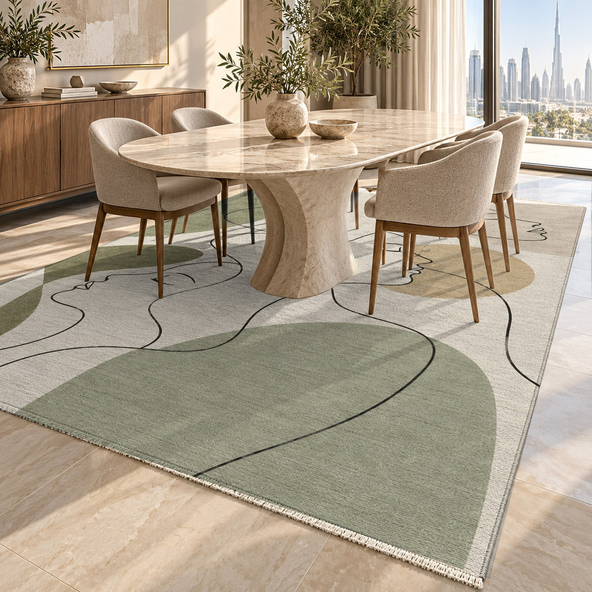 Quiet Profiles Sage Abstract Washable Rug — dubai dining
