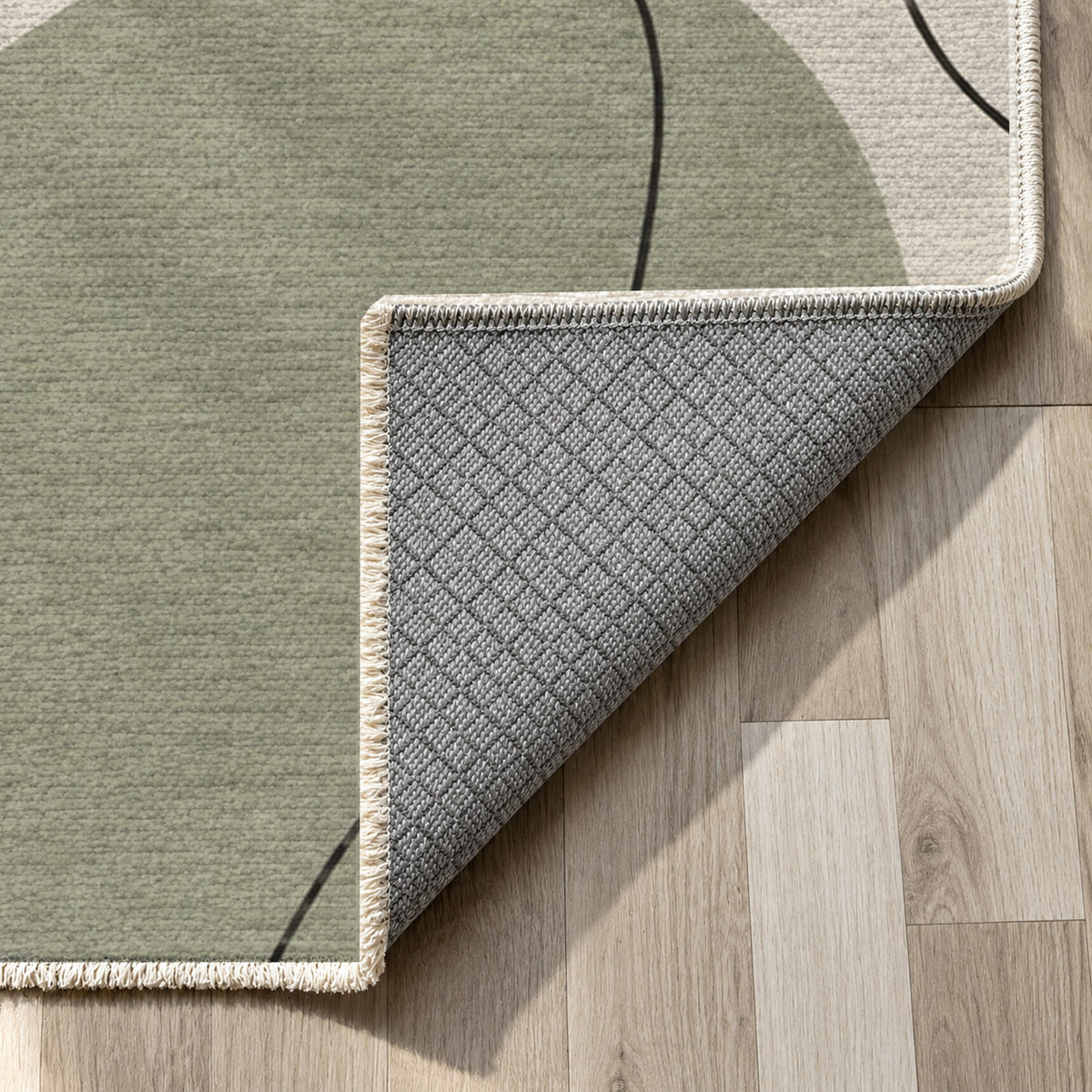 Quiet Profiles Sage Abstract Washable Rug — backing close up