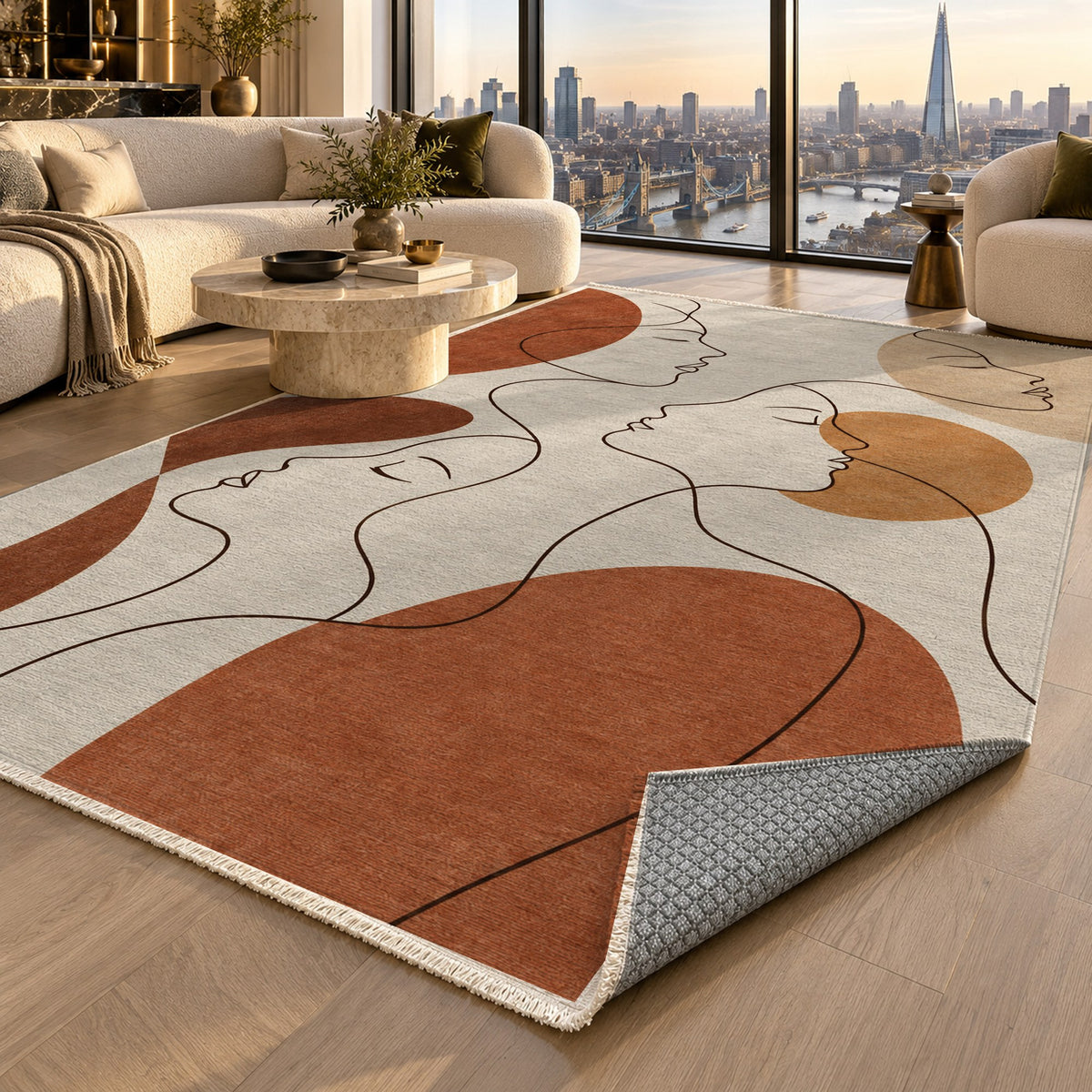 Quiet Profiles Terracotta Abstract Washable Rug — london luxury living