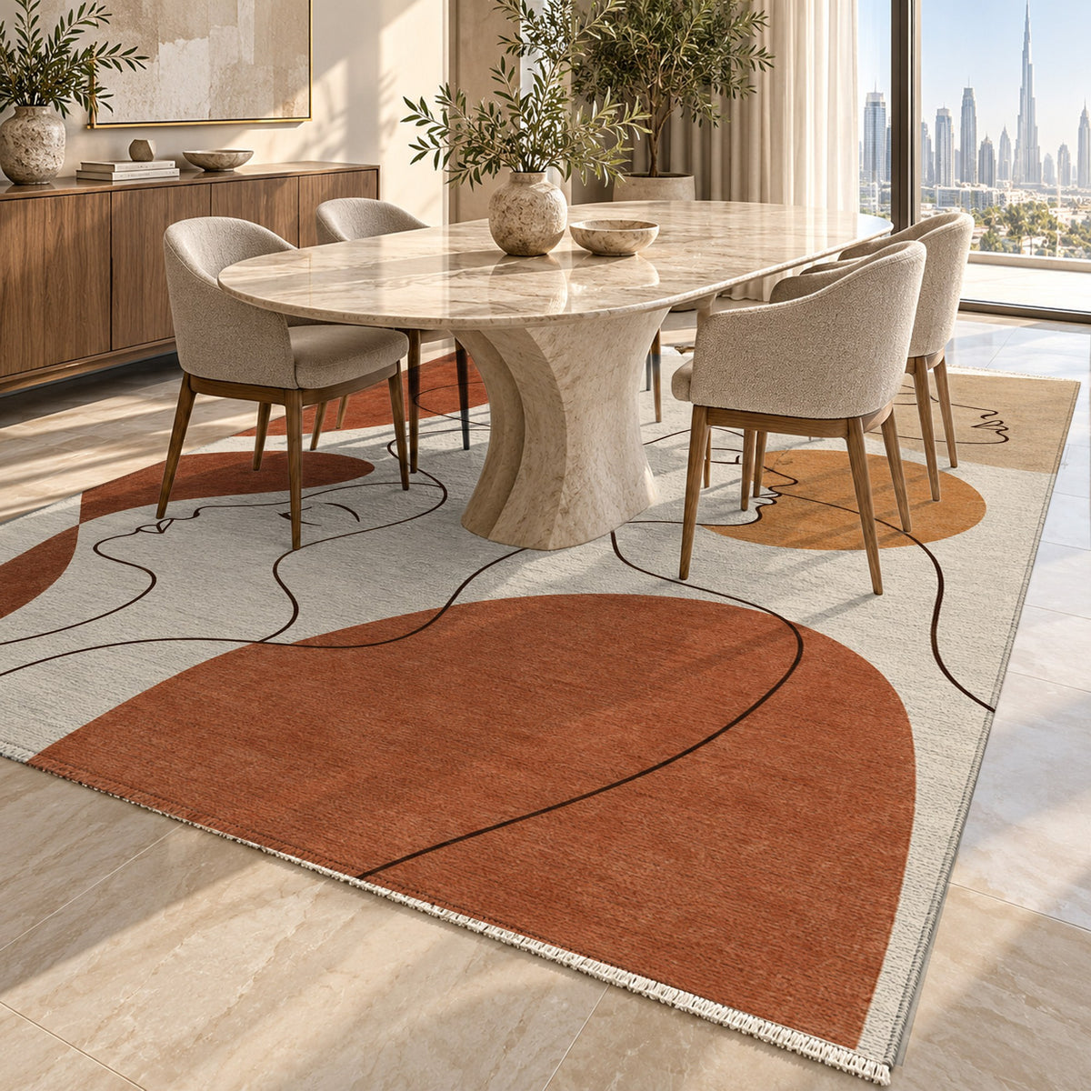 Quiet Profiles Terracotta Abstract Washable Rug — dubai dining