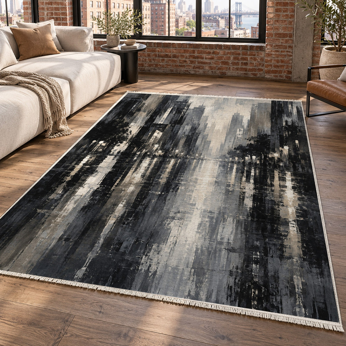 Rainy Boulevard Charcoal Modern Washable Rug — new york living