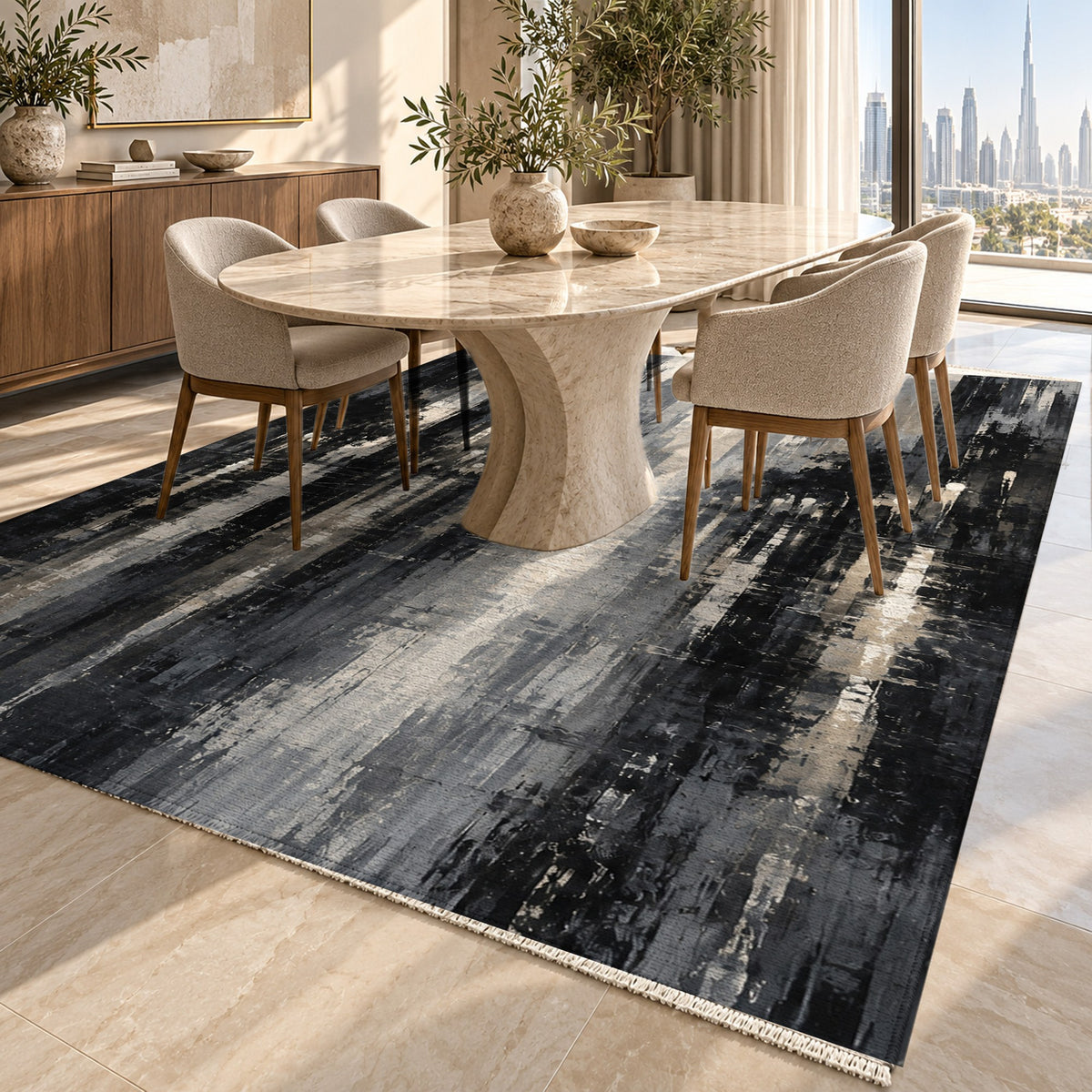 Rainy Boulevard Charcoal Modern Washable Rug — dubai dining