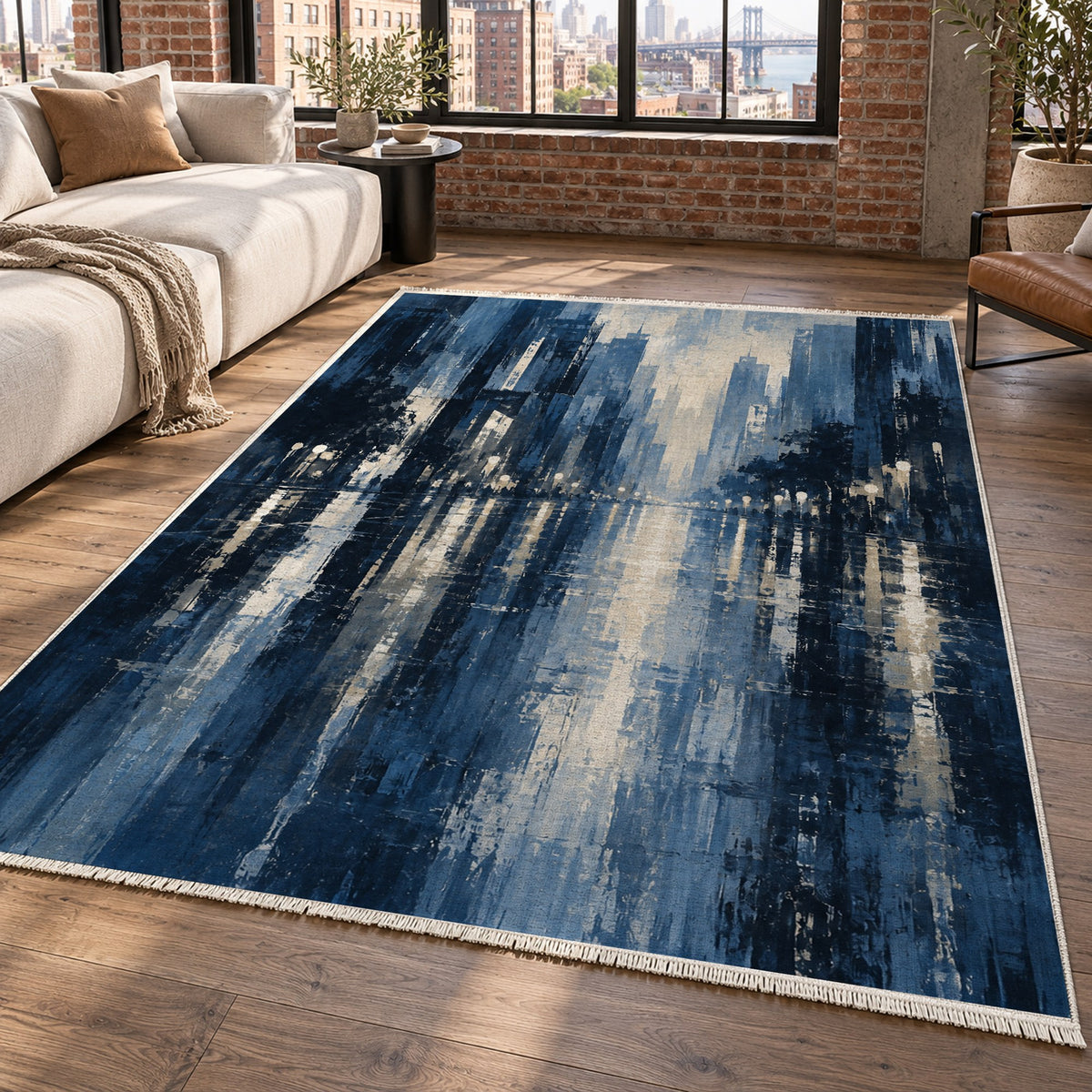 Rainy Boulevard Indigo Modern Washable Rug — new york living