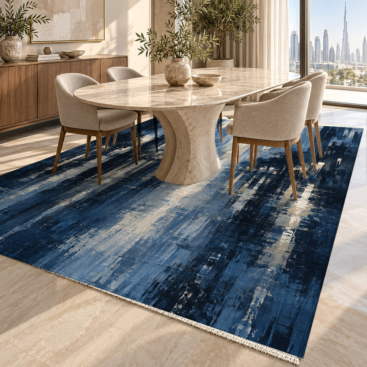 Rainy Boulevard Indigo Modern Washable Rug — dubai dining