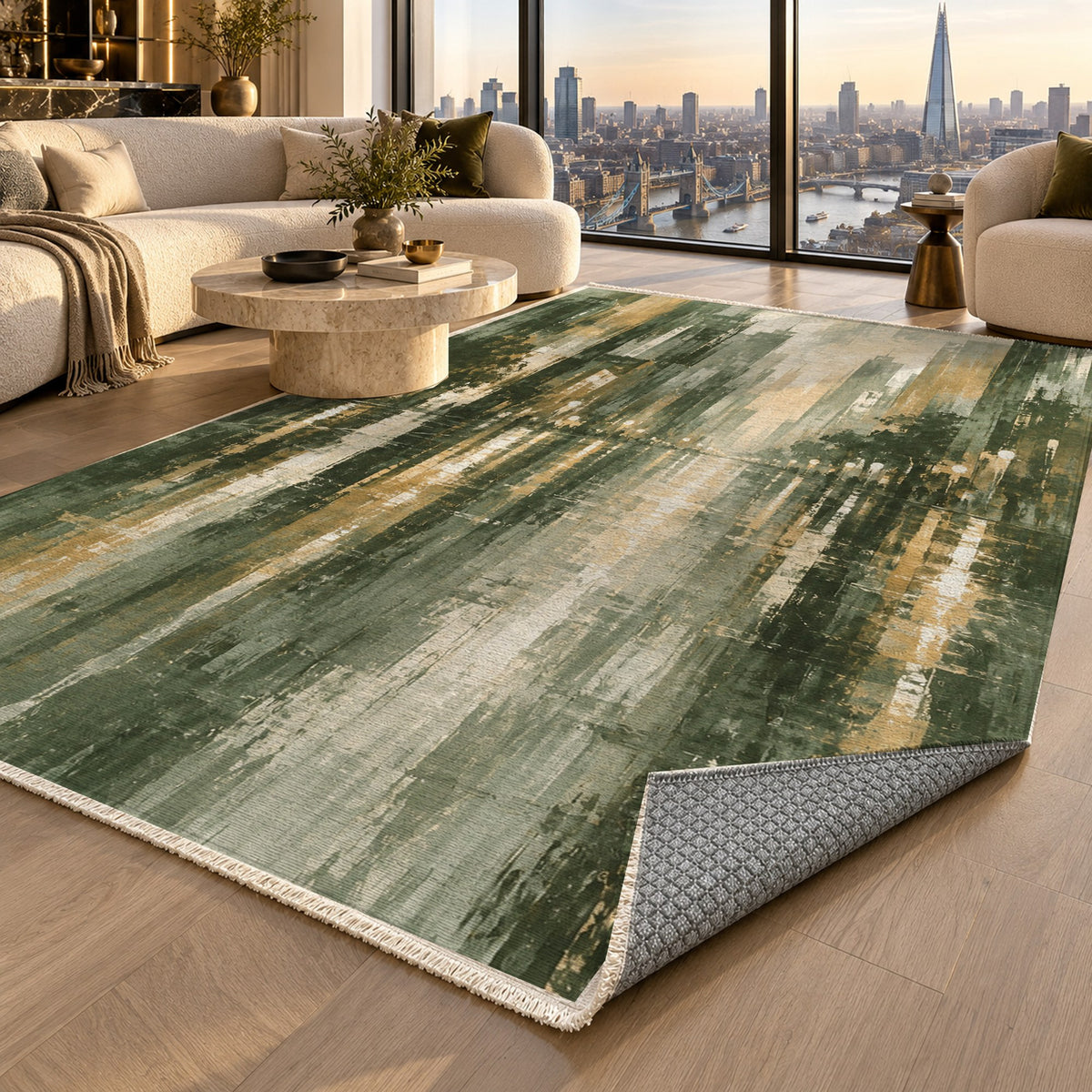 Rainy Boulevard Sage Modern Washable Rug — london luxury living