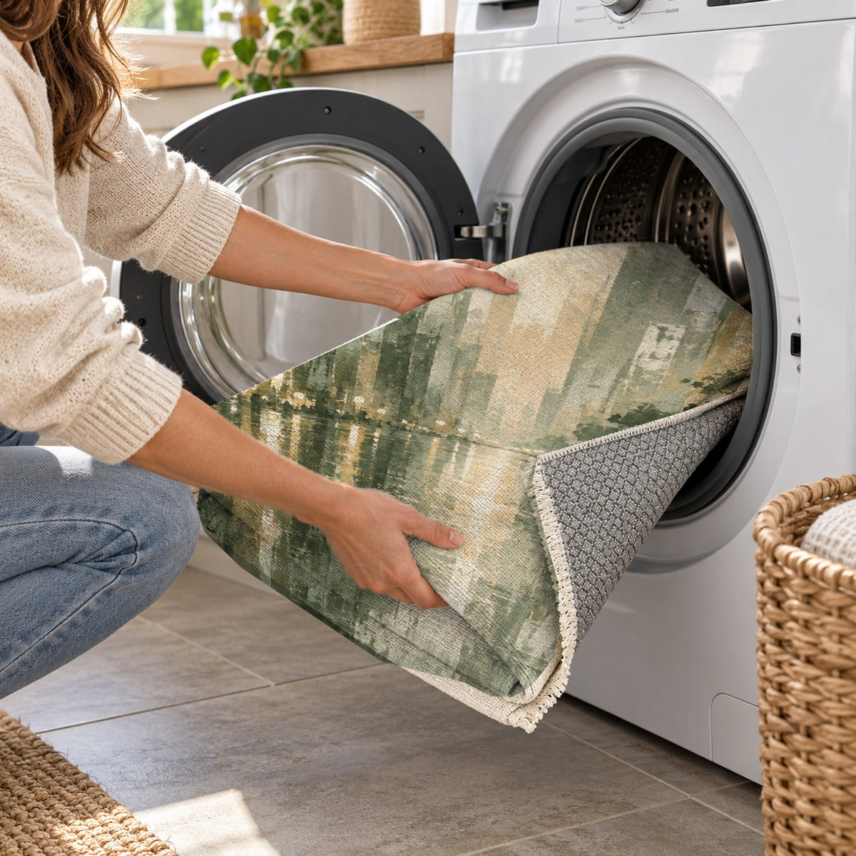Rainy Boulevard Sage Modern Washable Rug — washing machine
