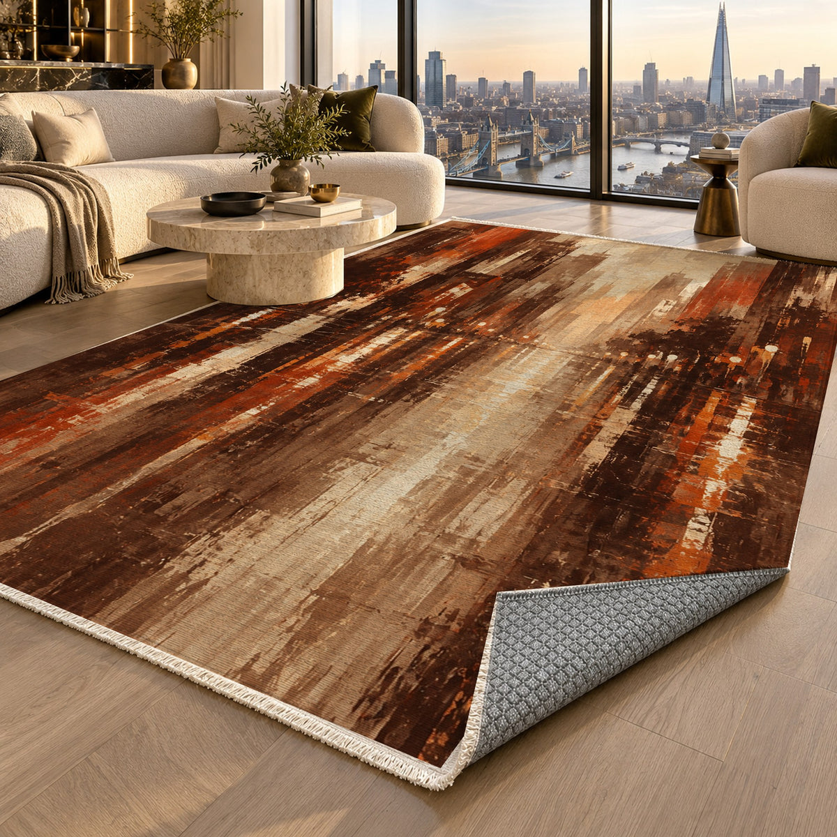 Rainy Boulevard Terracotta Modern Washable Rug — london luxury living