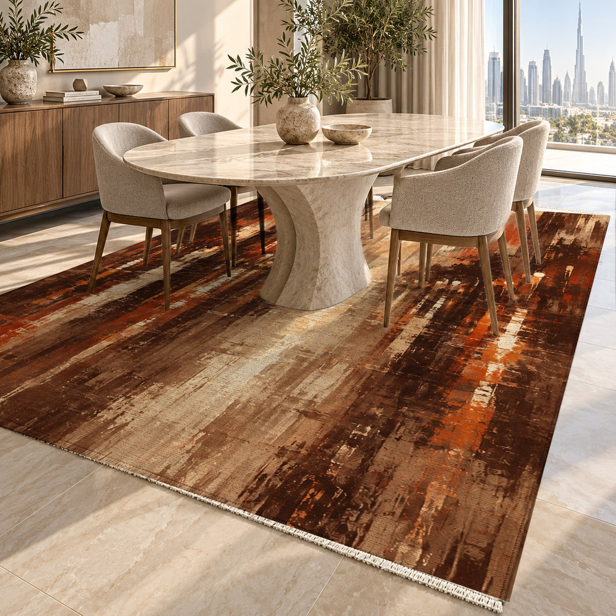 Rainy Boulevard Terracotta Modern Washable Rug — dubai dining