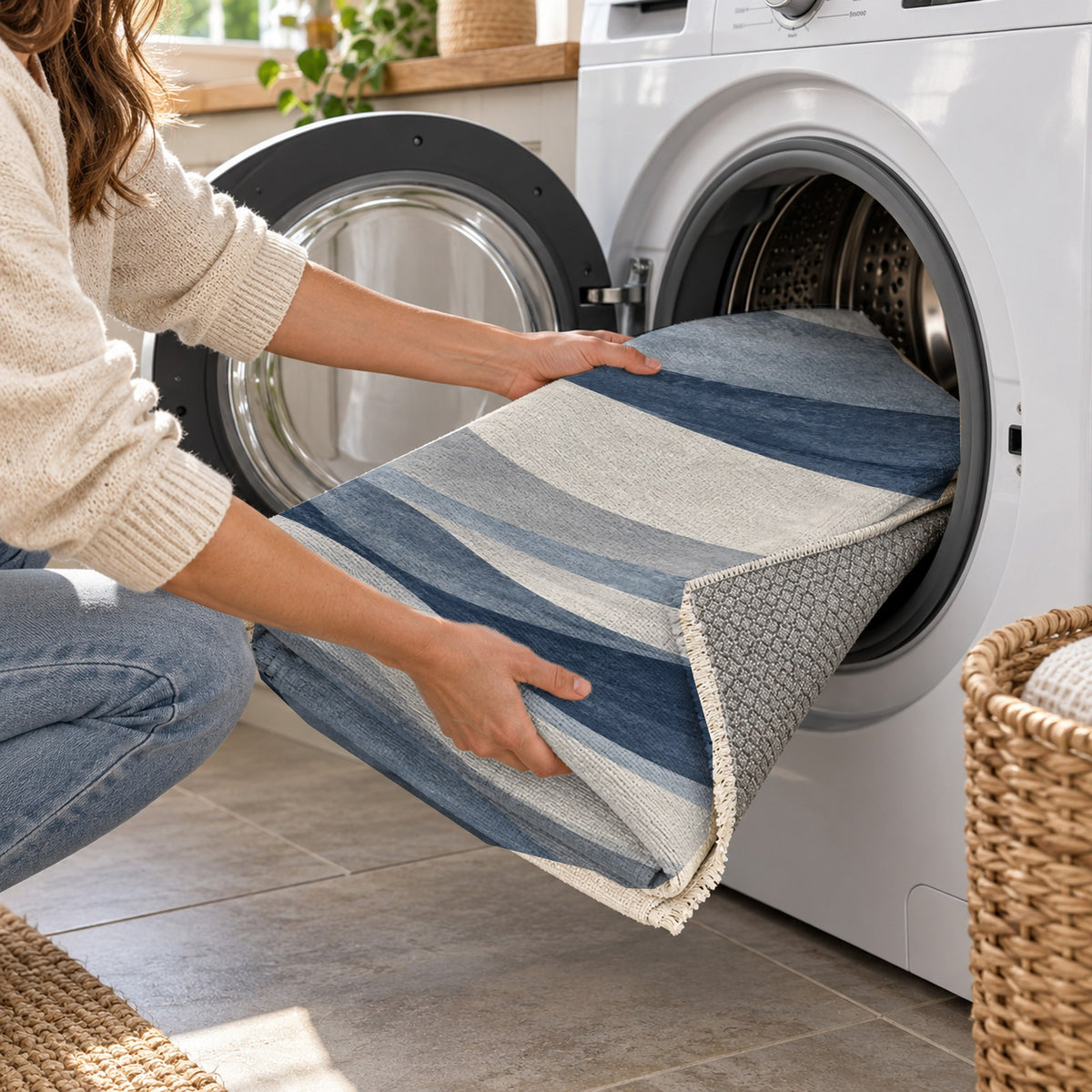 Ripple Study Blue Grey Modern Washable Rug — washing machine