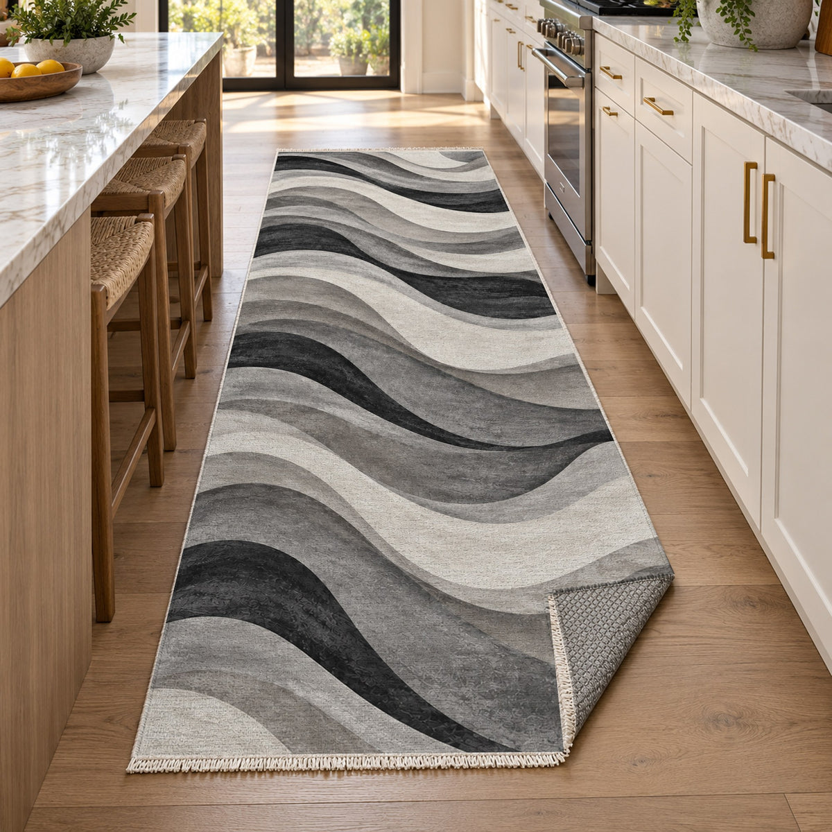 Ripple Study Charcoal Ivory Modern Washable Rug — new york kitchen runner