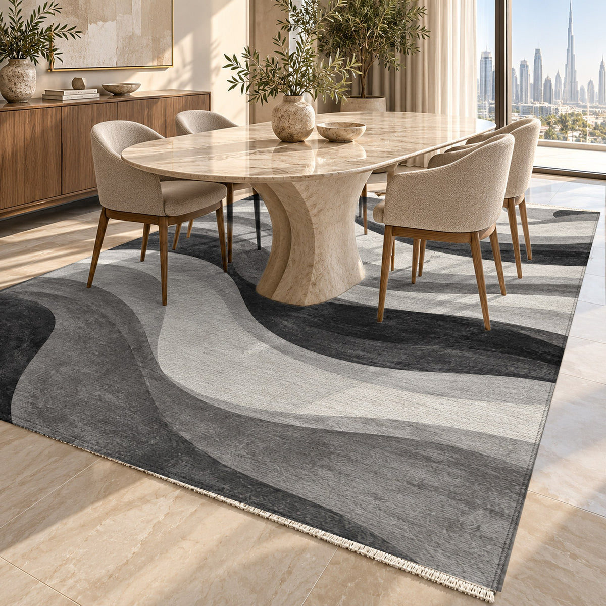 Ripple Study Charcoal Ivory Modern Washable Rug — dubai dining