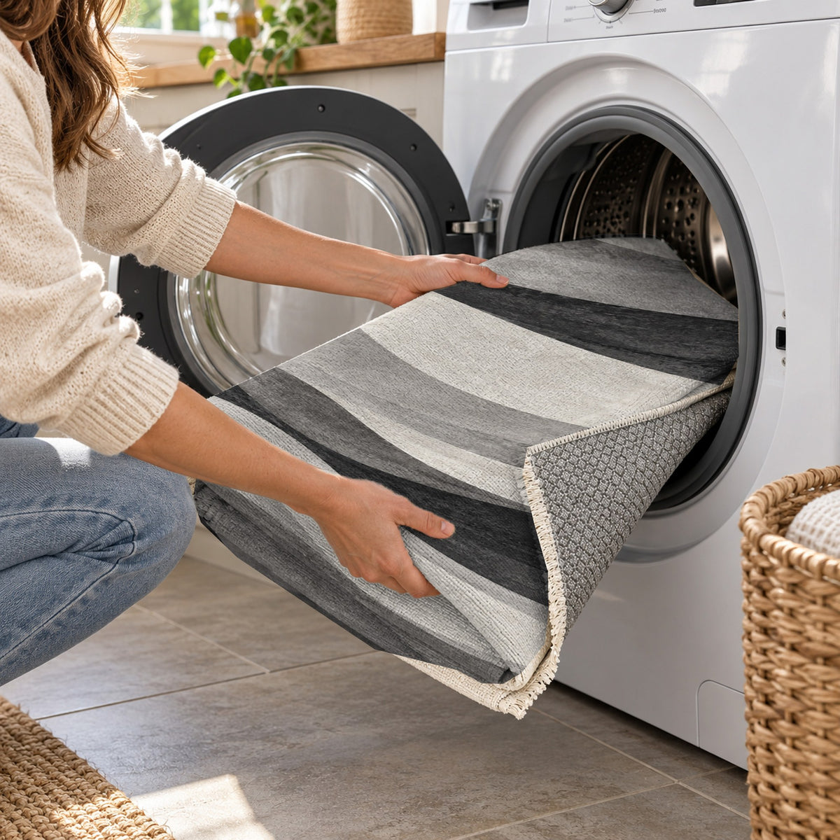 Ripple Study Charcoal Ivory Modern Washable Rug — washing machine