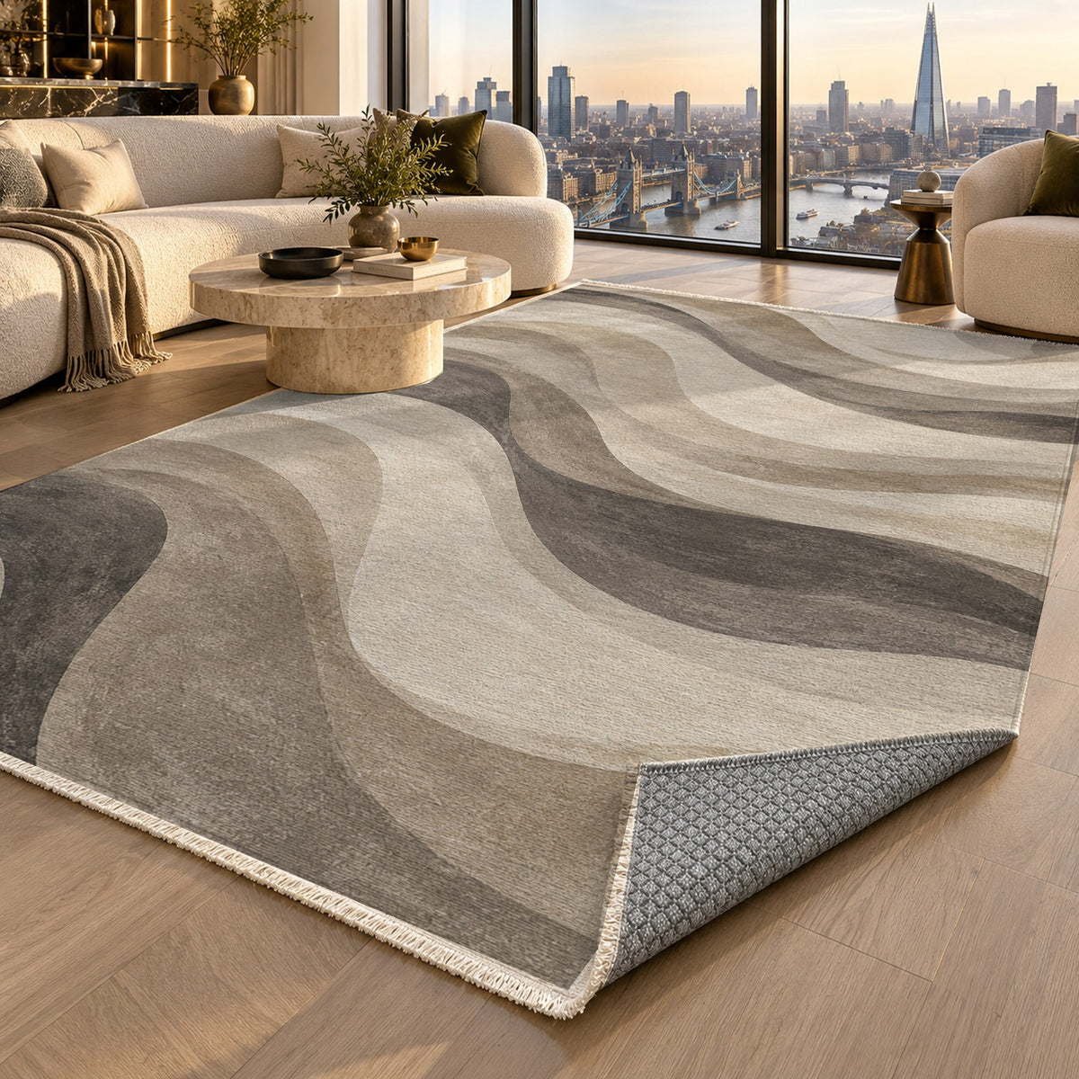 Ripple Study Ivory Taupe Modern Washable Rug — london luxury living