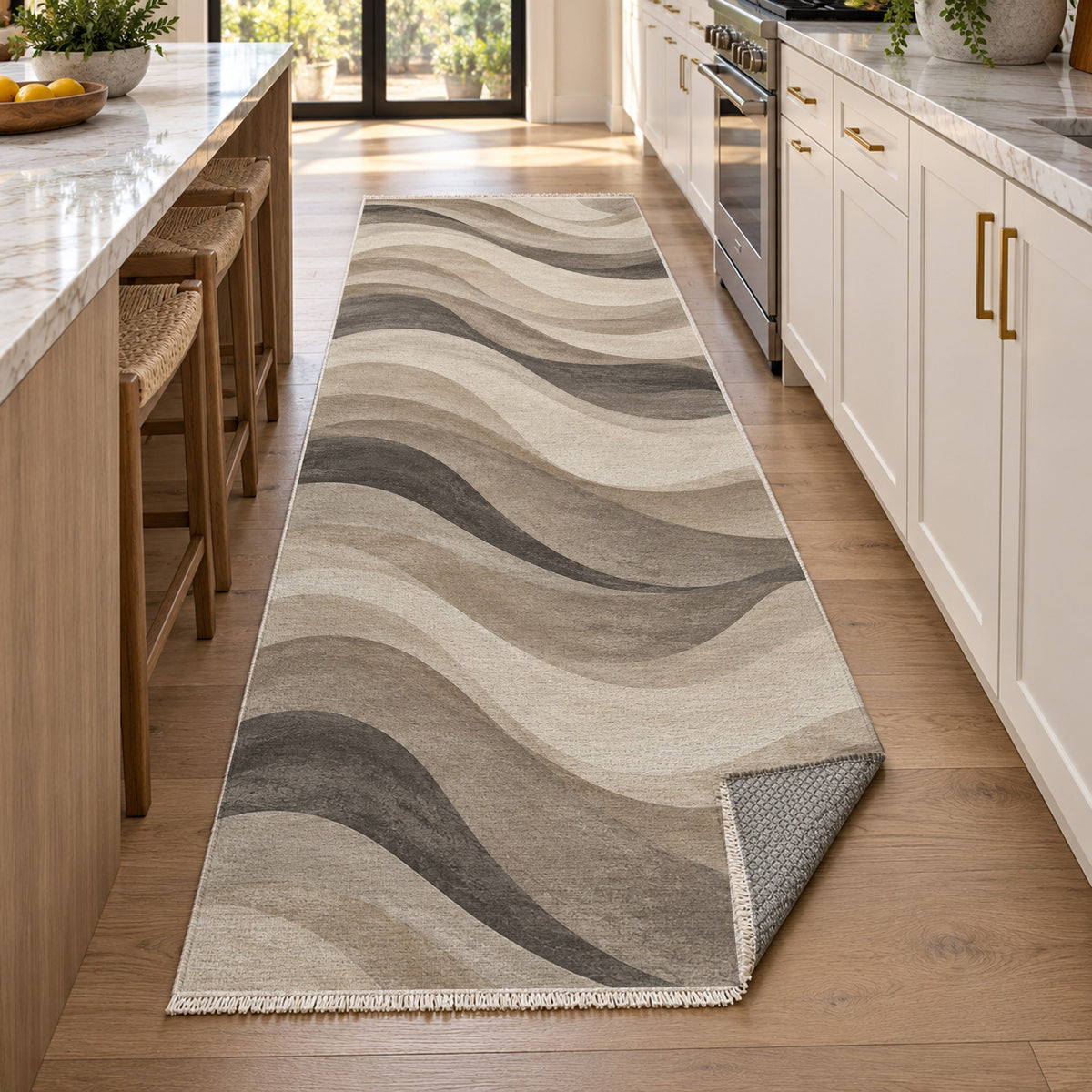 Ripple Study Ivory Taupe Modern Washable Rug — new york kitchen runner