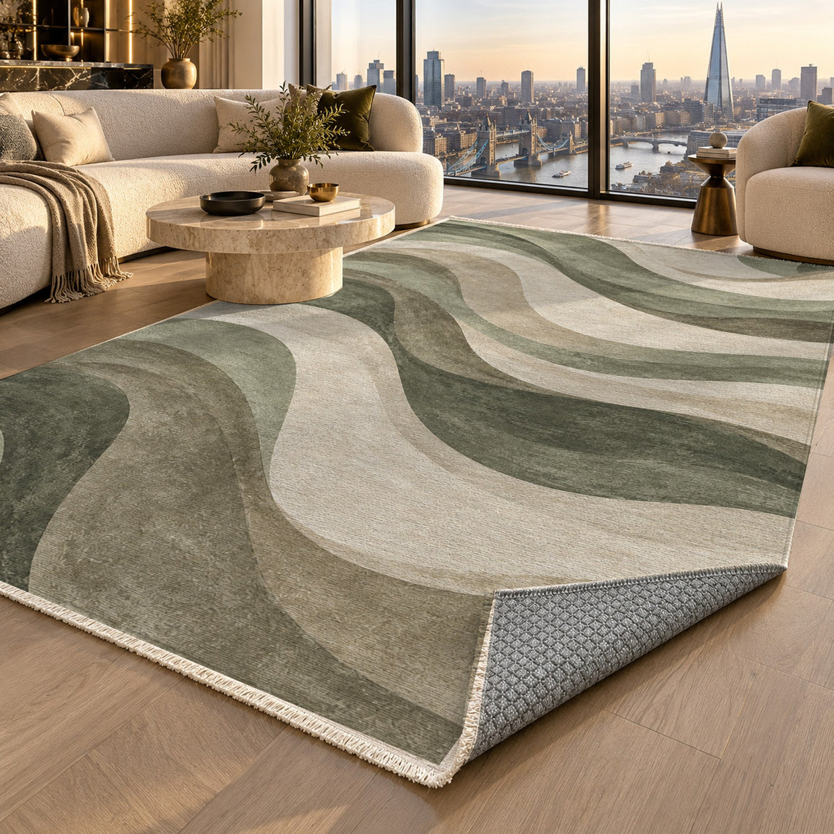 Ripple Study Sage Sand Modern Washable Rug — london luxury living