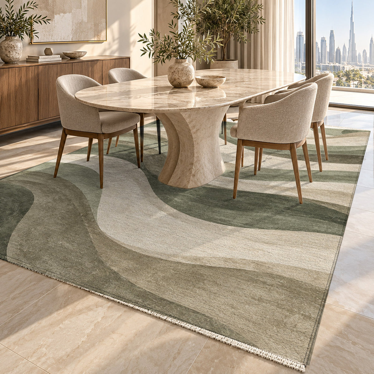Ripple Study Sage Sand Modern Washable Rug — dubai dining