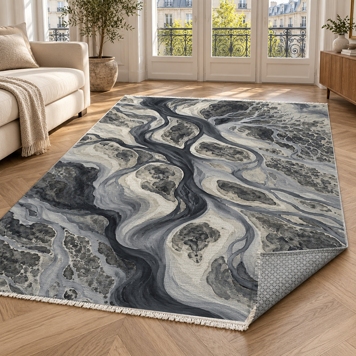 River Delta Charcoal Abstract Washable Rug — paris living