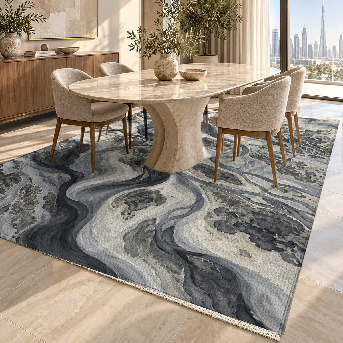 River Delta Charcoal Abstract Washable Rug — dubai dining